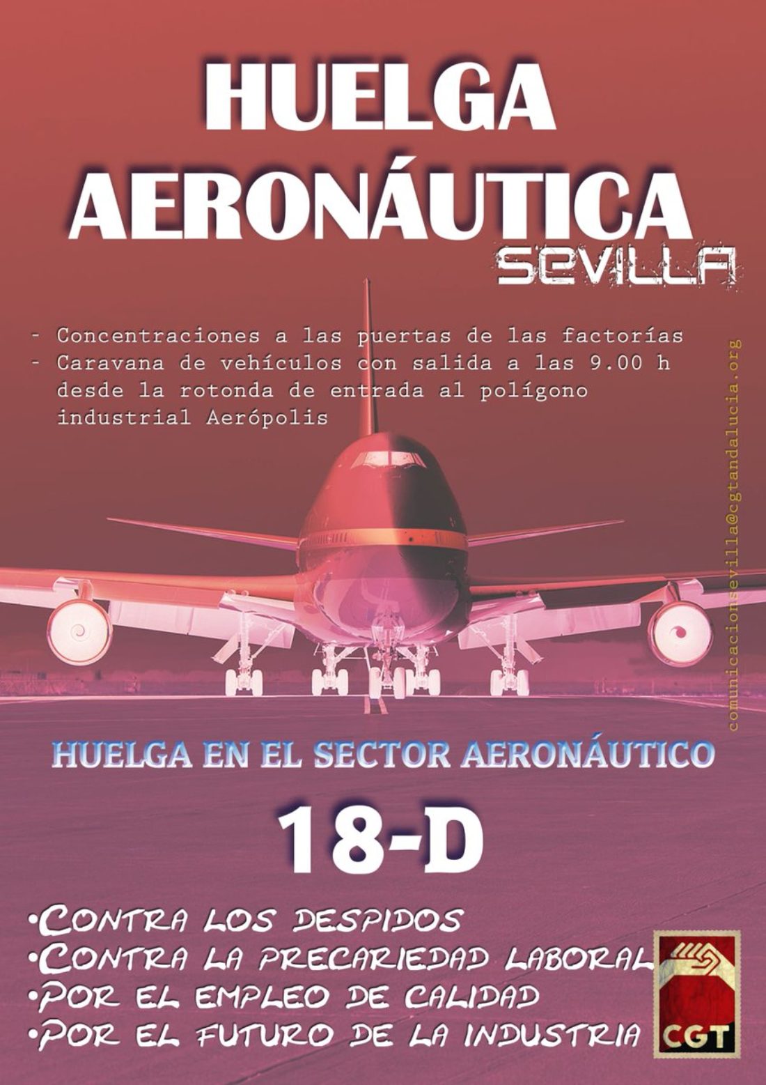 CGT convoca una huelga de 24 horas el próximo 18 de diciembre en las empresas de ingeniería del sector aeronáutico contra los despidos y la precariedad laboral de las plantillas