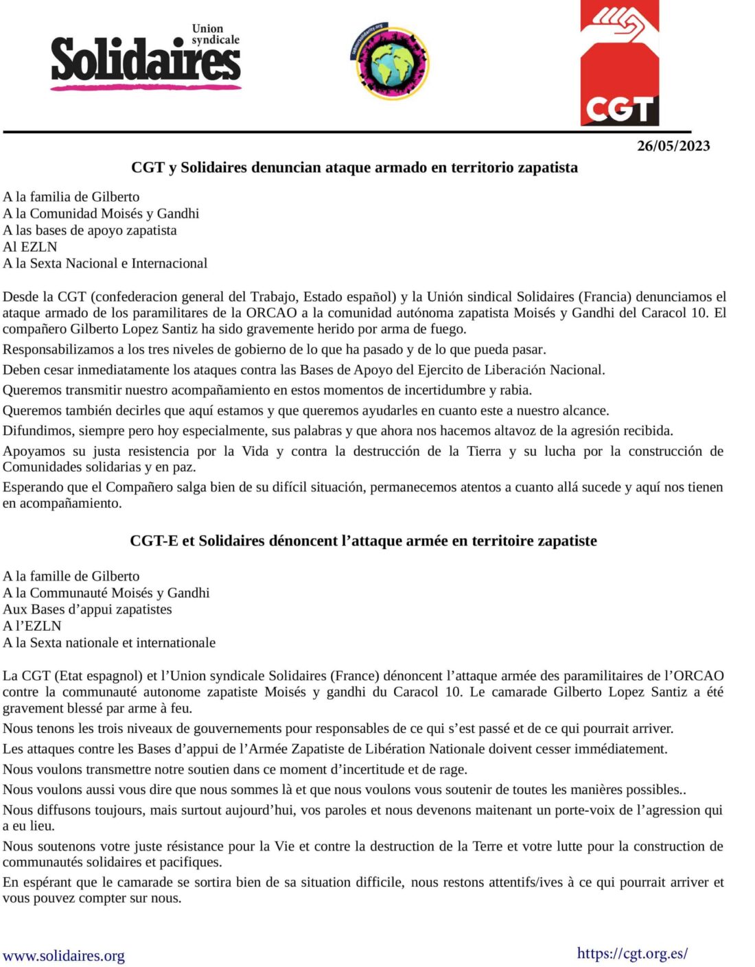 CGT y Solidaires denuncian ataque armado en territorio zapatista