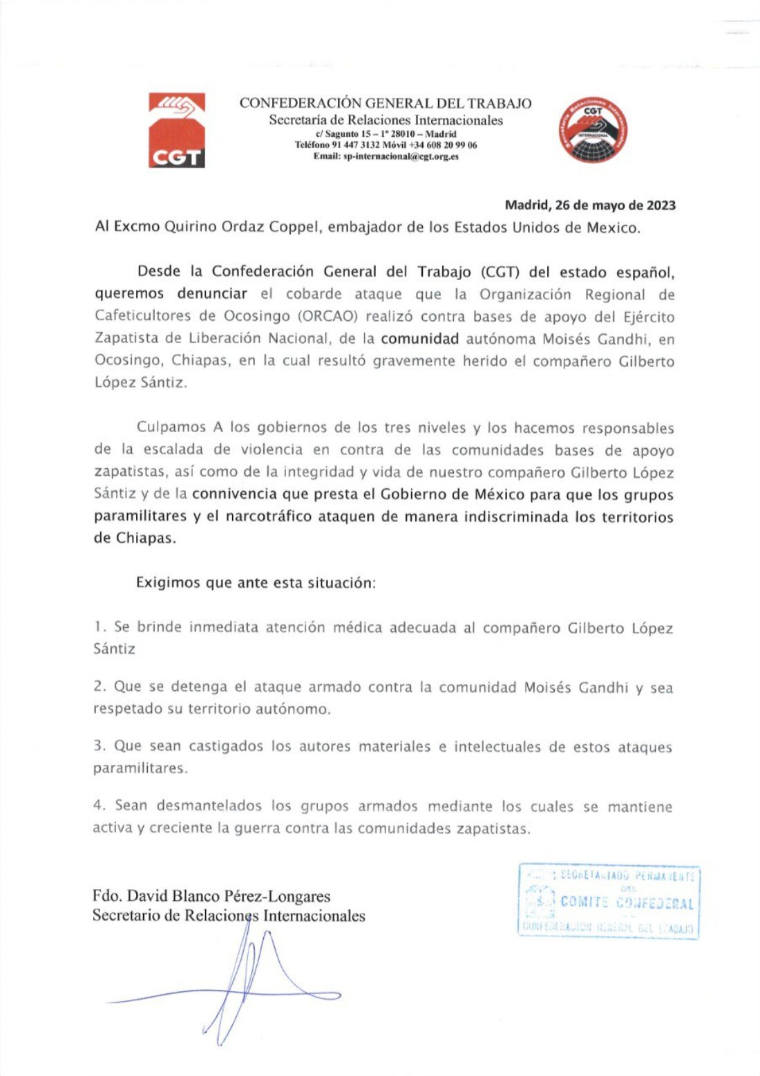 Repulsa ante el ataque efectuado contra las Bases de Apoyo del EZLN