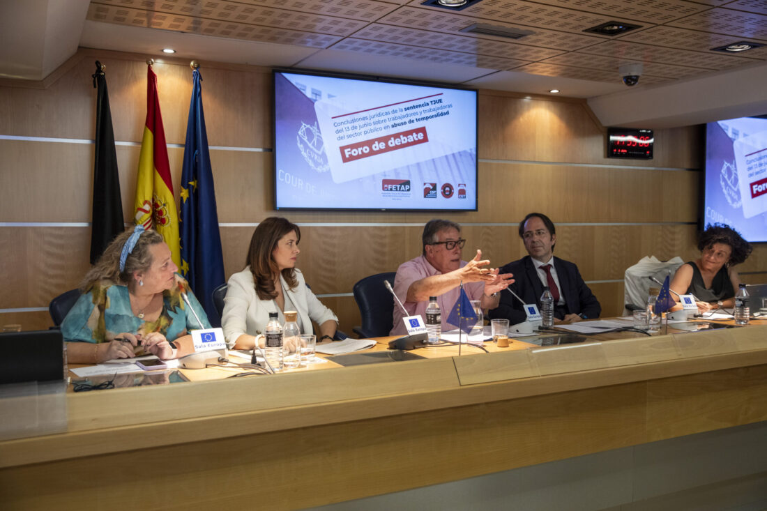 FETAP-CGT reúne en Madrid a juristas, políticos, sindicalistas y expertos para exigir la fijeza de las trabajadoras interinas y valorar las últimas novedades legales sobre el conflicto.