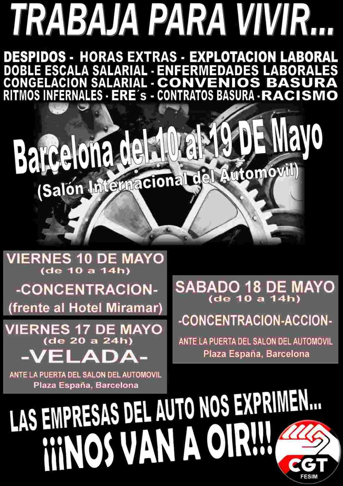 CGT-Metal convoca protestas el viernes 17 y sábado 18 en el Salón del Automóvil de Barcelona (Plaça España junto a las Torres venecianas)