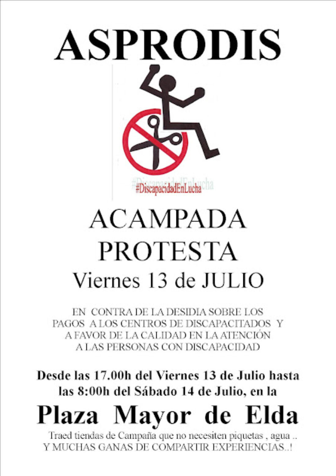 Acampada de protesta de Asprodis Elda el 13 de julio