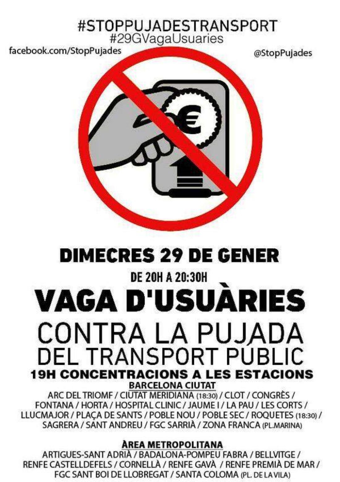 Convocada el miércoles 29 de enero una huelga de usuarias y usuarios en Barcelona y área metropolitana de 20:00 a 20:30 para exigir la retirada del aumento del precio del transporte público de 2014