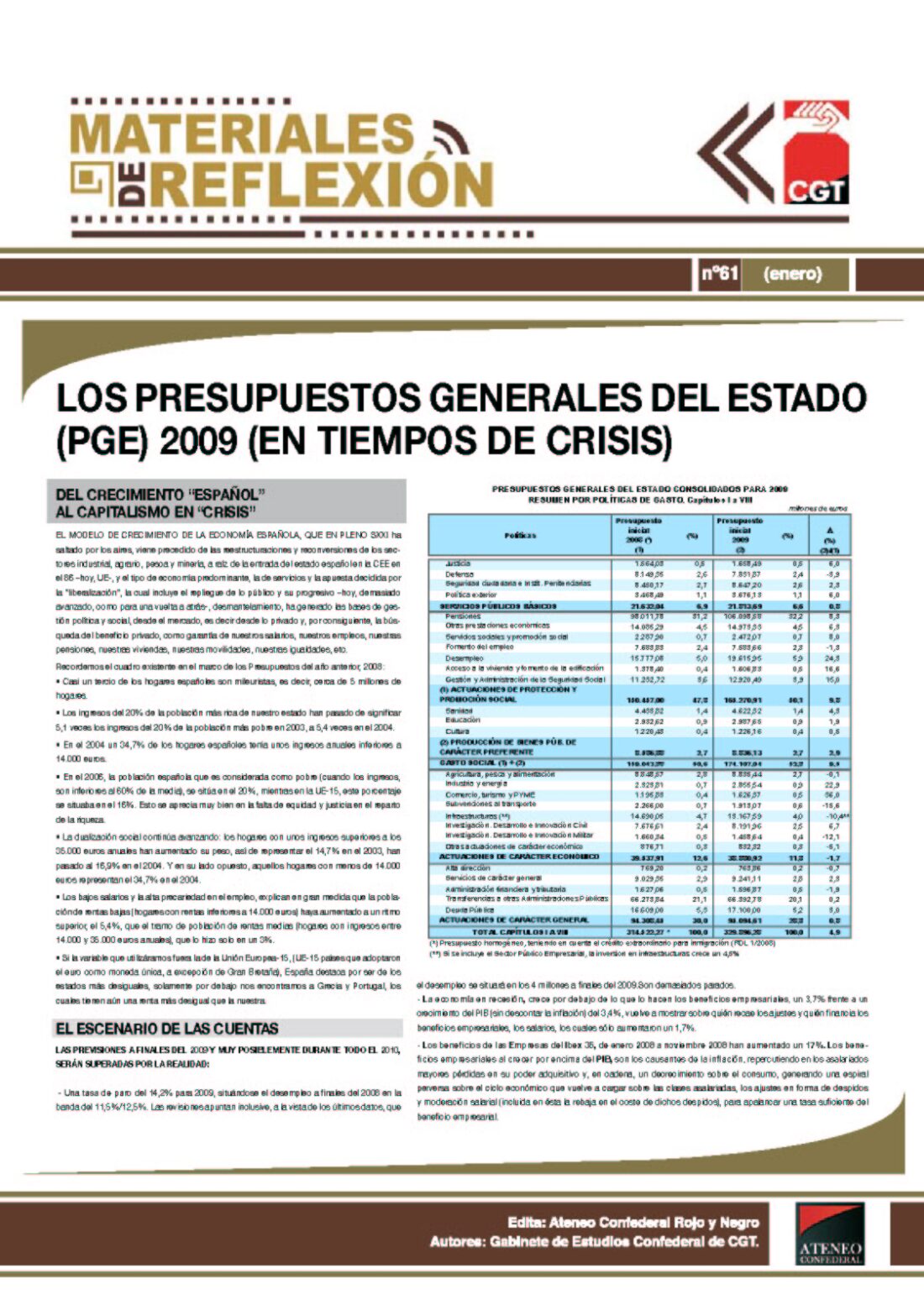 MR 61. Presupuestos Generales del Estado 2009 (En tiempos de crisis)