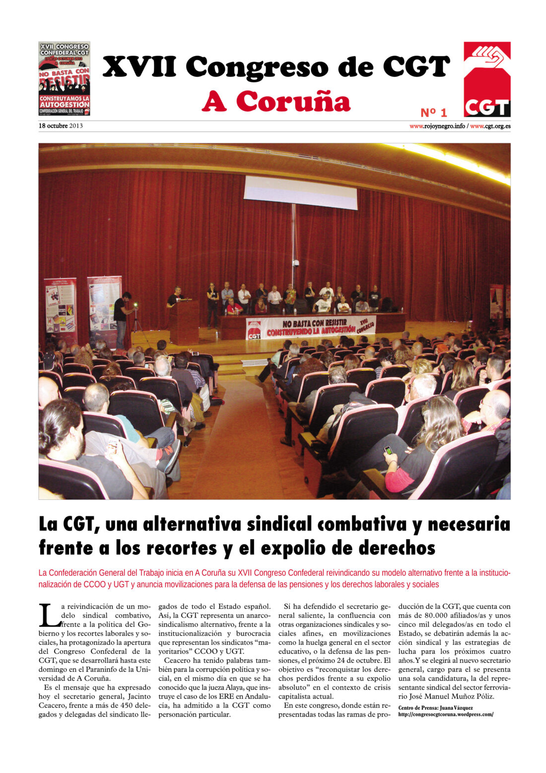 Diario del XVII Congreso Confederal nº 1 – 18-10-2013